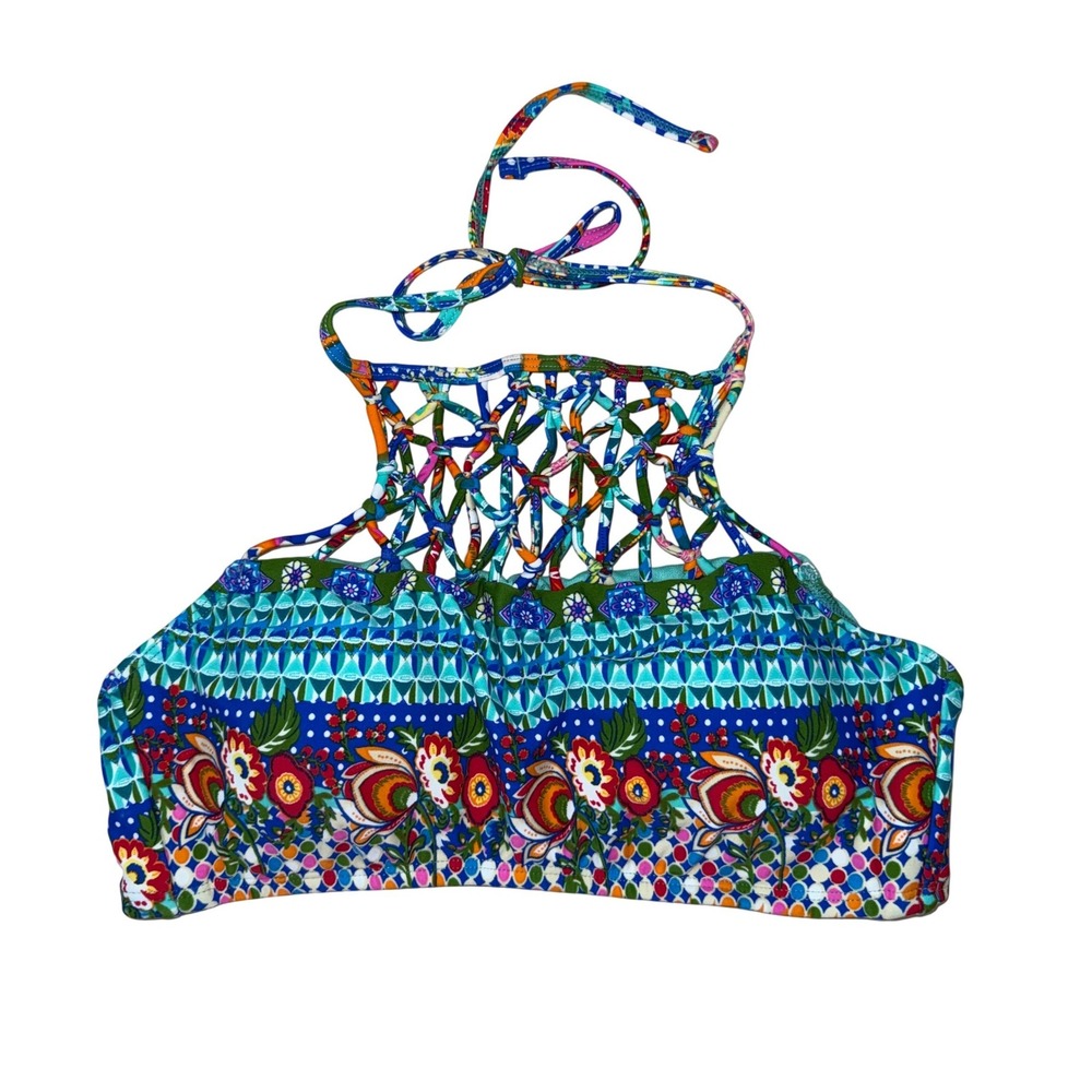 Hobie Vibrant Floral Geometric Macrame Halter Bikini Top Blue Multi L